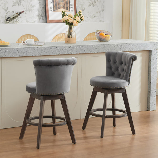 English Elm 26" Velvet Swivel Counter Stools Set of 2 with Tufted Back, Foam Cushion & Solid Wood Legs Gray W1143P362519