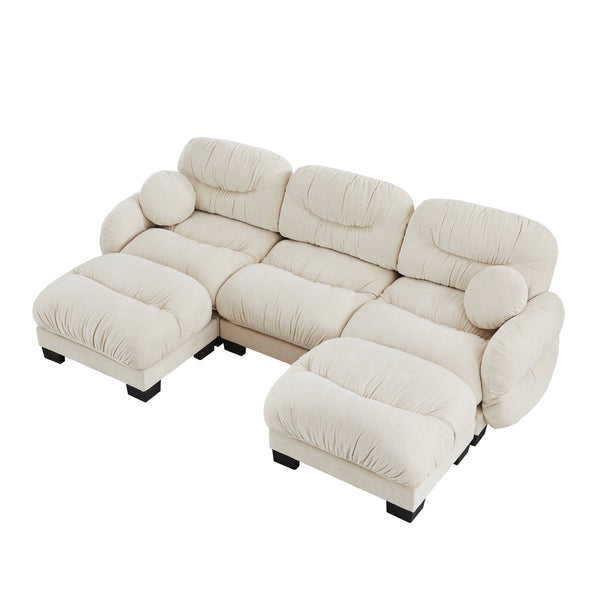 English Elm Pleated Chenille U-shape Sectional Sofa with Ottomans Ergonomic Foam Curved Armrests Beige W5656S00042