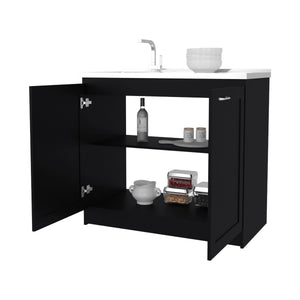 English Elm Fm Furniture Haivana Matte Black Utility Sink Cabinet with Double Doors and Storage Shelf B128S00053