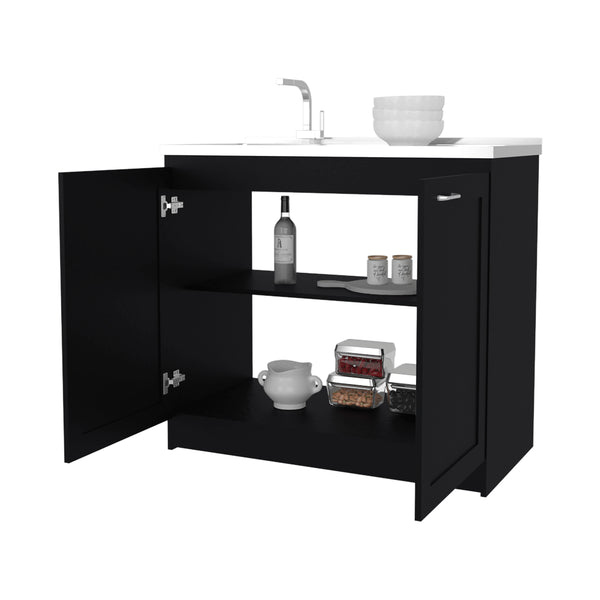 English Elm Fm Furniture Haivana Matte Black Utility Sink Cabinet with Double Doors and Storage Shelf B128S00053