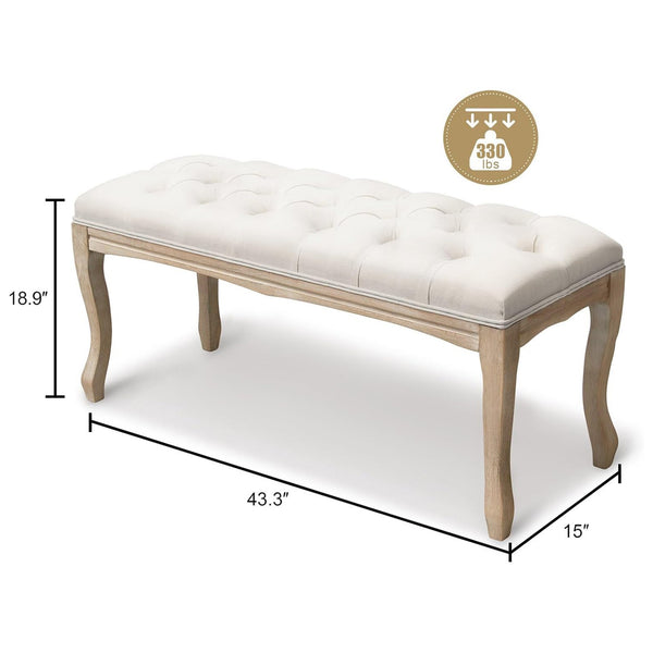 English Elm Bedroom Bench Tufted Linen Seat with Carved Distressed Wood Legs French Country Style Beige W3244P493647