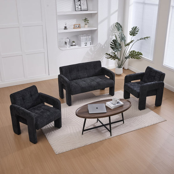 English Elm Nordic Ergonomic Double Armchair Upholstered Chenille Two-Seater Sofa 550lb Capacity Compact Lounge Chair Black W395P380537