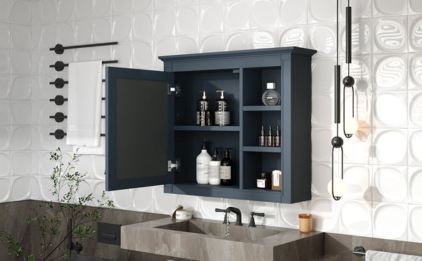 English Elm 30'' Modern Medicine Cabinet Wall Mirror with Hidden Storage and Adjustable Open Shelves for Bath Blue WF318452AAC