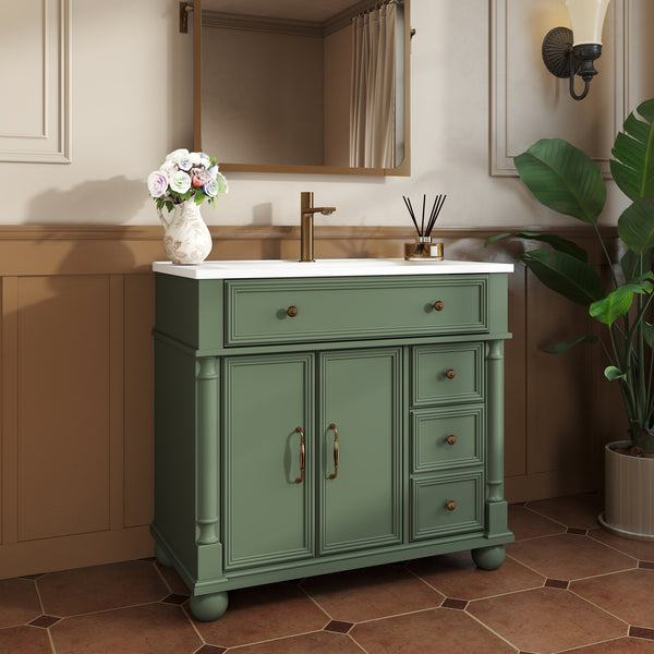English Elm 35.6" Freestanding Bathroom Vanity with Roman Column Base and Ceramic Integrated Sink W1801S00008