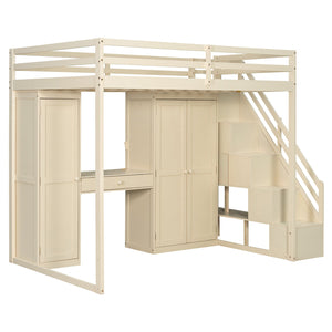 English Elm Full Size Loft Bed with Wardrobe Dressing Mirror Usb Ports and Teen Room Storage LT000276AAA
