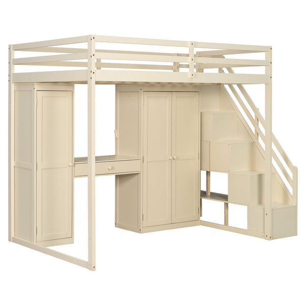 English Elm Full Size Loft Bed with Wardrobe Dressing Mirror Usb Ports and Teen Room Storage LT000276AAA