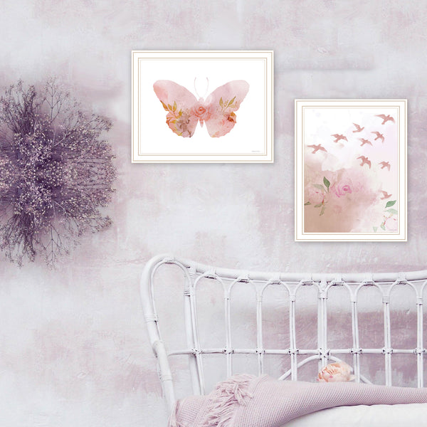 English Elm Trendy Botanical Framed Wall Art Set Two Panels Birds Butterflies Living Room Decor B067P254075