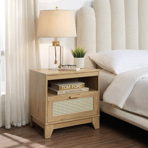 English Elm Sheridan 22" Nightstand with Cane-Style MDF Finish, Full-Extension Drawer, Solid Wood Legs Natural B365P398178