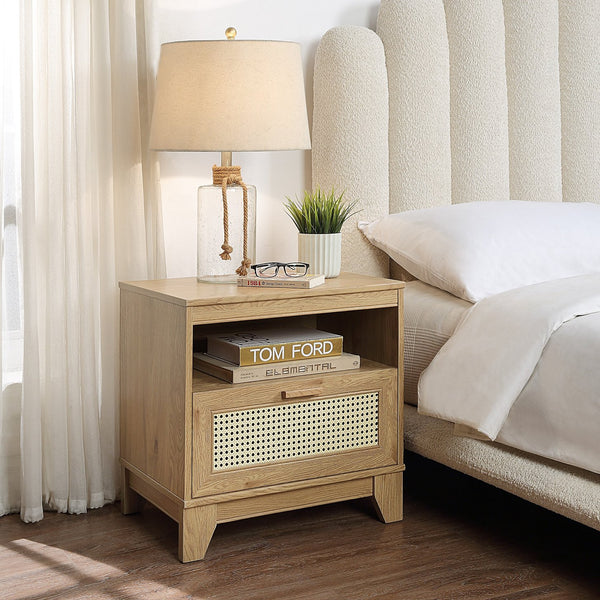 English Elm Sheridan 22" Nightstand with Cane-Style MDF Finish, Full-Extension Drawer, Solid Wood Legs Natural B365P398178