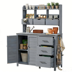 English Elm (with Hutch) Topamx Solid Fir Potting Bench Patio Workstation Spice Rack Drawer Gray N717P404331E