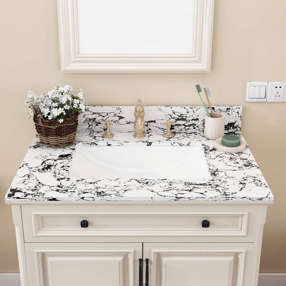English Elm 31"X22" Bathroom Vanity Top With Undermount Sink, Panda White Artificial Marble, 3 Faucet Holes W509P362104