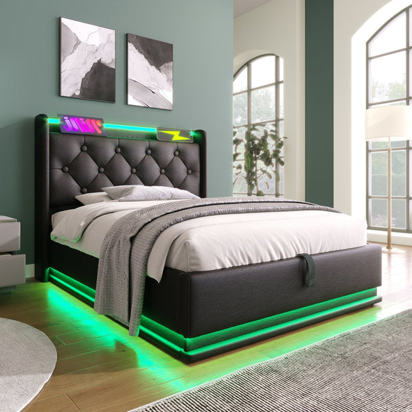 English Elm Twin Upholstered Bed with Hydraulic Storage, Surround LED, App/Remote Control & USB Type-C Charging Black N736P188805B