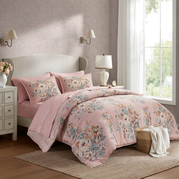 English Elm 5-piece Reversible Floral Comforter Set Vintage Romantic Blush Polyester Twin Xl Bedding B035P408234