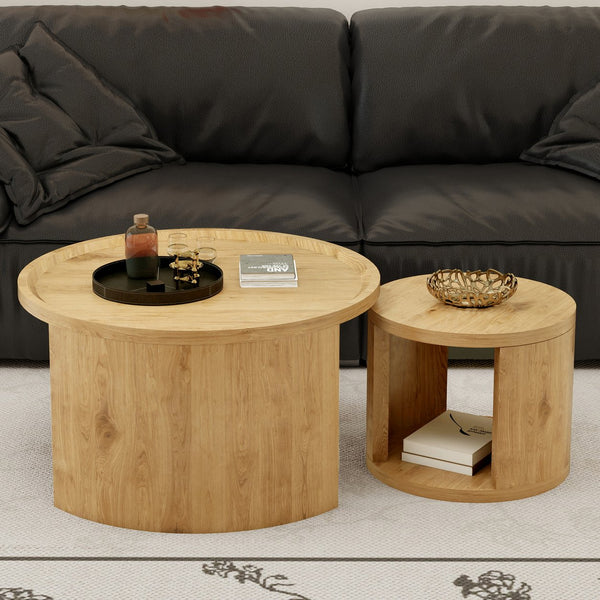 English Elm Round Nesting Coffee Tables with Wood Grain Tops Minimalist Set for Living Room W1727S00091