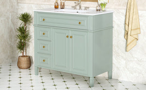 English Elm 36 Inch Freestanding Bathroom Vanity Sage Pine Cabinet Gold Hardware Ceramic Sink Green N725P366468G