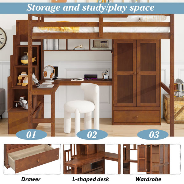 English Elm Twin Over Full Bunk Bed Solid Pine Frame with Built-in Slide and Storage Staircase Walnut W504S00286