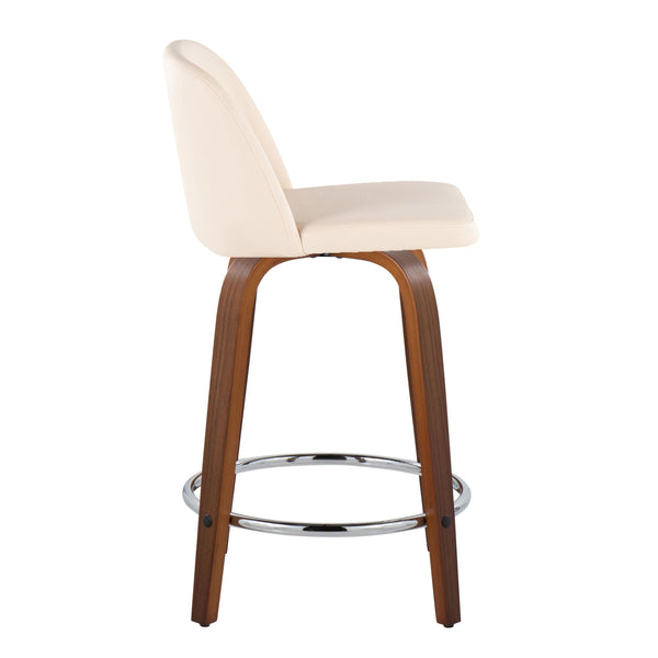 English Elm 24" Mid-century Swivel Barstools Walnut Tapered Legs Faux Leather Seat Chrome Footrest Set Cream B202S00133