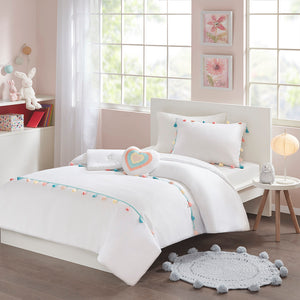 JLA Home Mi Zone Kids - Tassel Hypoallergenic Comforter Set with Embroidered Heart Pillow, OEKO-TEX Antimicrobial, Kid-Friendly Decor White MZK10-169