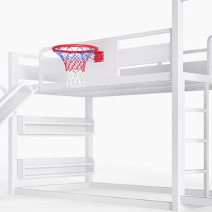English Elm Twin Metal Loft Bed with Slide Basketball Hoop Climbing Wall and Built-in Shelves White W1580S00633