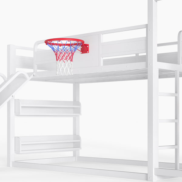 English Elm Twin Metal Loft Bed with Slide Basketball Hoop Climbing Wall and Built-in Shelves White W1580S00633