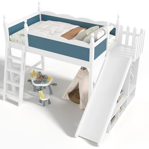 English Elm Twin Loft Bed Solid Pine Frame with Wardrobe Shelving Detachable Slide Kids Room White+Blue W5305S00019
