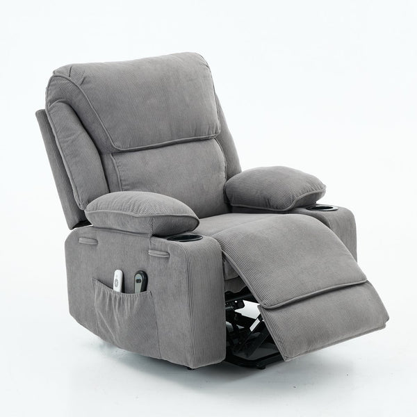 English Elm Gray Corduroy Recliner with Heated Massage, Remote & Assistive Lift, Cup Tray for Seniors Comfort W570P320447