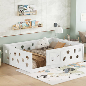 English Elm Full Size Floor Bed With Safety Guardrails & Built-In Door, Solid Wood Frame For Kids' Bedrooms & Playrooms W1820P240541