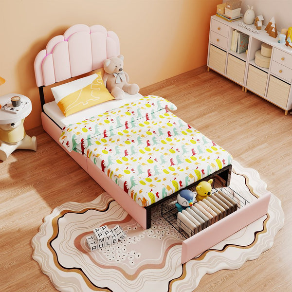English Elm Rgb Led Velvet Platform Bed Petal Headboard Storage Drawers for Kids Bedroom T3963P458401