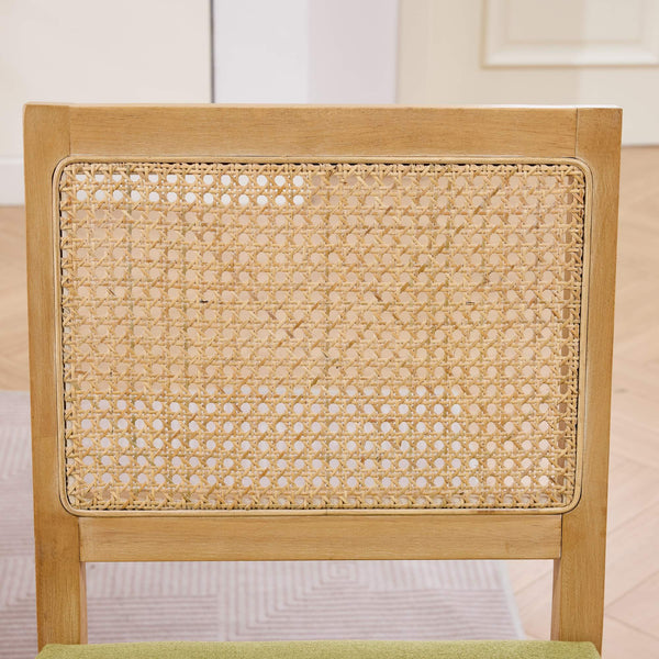 English Elm Farmhouse Rattan Back Dining Chairs Set of 2 with Linen Seat and Hardwood Legs Olive Green W1143P452936