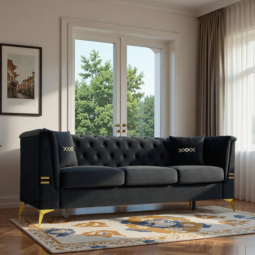 English Elm Fx-P83-Bk3 Modern Mid-Century 3-Seater Sofa With Gold Legs & Plush Faux Sherpa, Elegant Chesterfield Design W576S00217