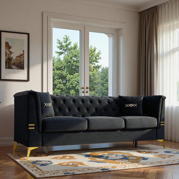 English Elm Fx-P83-Bk3 Modern Mid-Century 3-Seater Sofa With Gold Legs & Plush Faux Sherpa, Elegant Chesterfield Design W576S00217