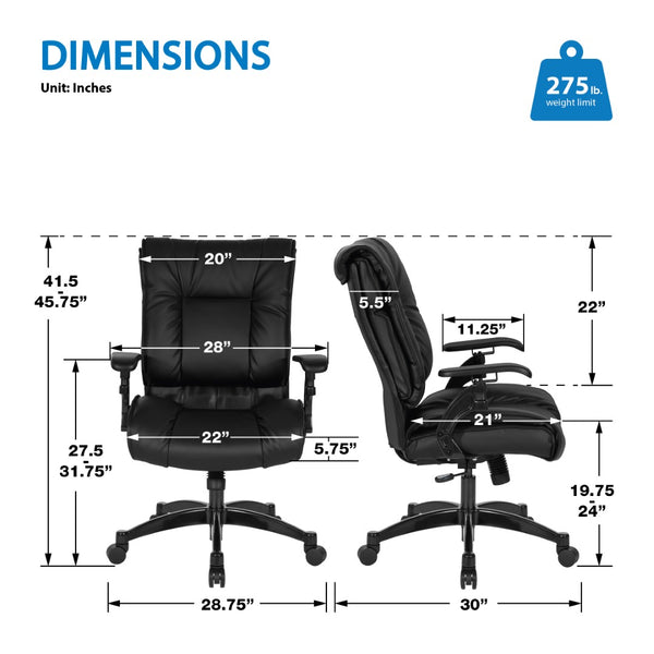 OSP Home Furnishings Leather Executive Conference Chair with Lumbar Support Pillow Top Seat and Ergonomic Arms Black 9333E-EC3