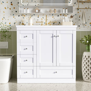 English Elm 36 Inch Shaker Bathroom Vanity with Resin Sink Four Soft Close Drawers Mdf Cabinet White N729P000028K