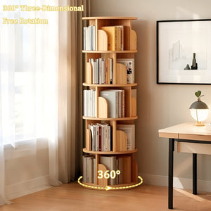 English Elm 5 Tier Rotating Bookshelf Tower with Curved Edges, 360° Smooth Spin, Stable Double-Layer Base, Space-Saving Storage Wood W3204P293742