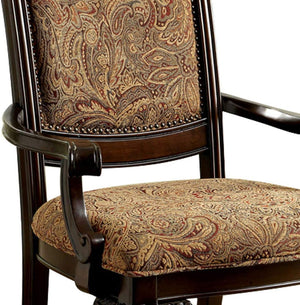 English Elm Formal Brown Cherry Arm Chairs Set of 2 — Solid Wood, Damask Upholstered Seats, Carved Detail, 44"H B011P287533