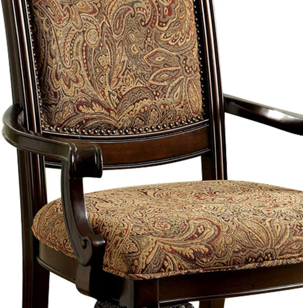 English Elm Formal Brown Cherry Arm Chairs Set of 2 — Solid Wood, Damask Upholstered Seats, Carved Detail, 44"H B011P287533