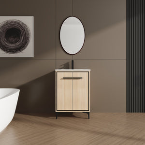 English Elm 24 Inch Oak Bathroom Vanity Base with Basin — Engineered Wood, Double-Door Storage, Minimalist Chic W1972S00003