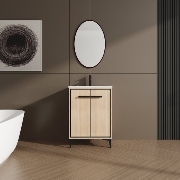 English Elm 24 Inch Oak Bathroom Vanity Base with Basin — Engineered Wood, Double-Door Storage, Minimalist Chic W1972S00003