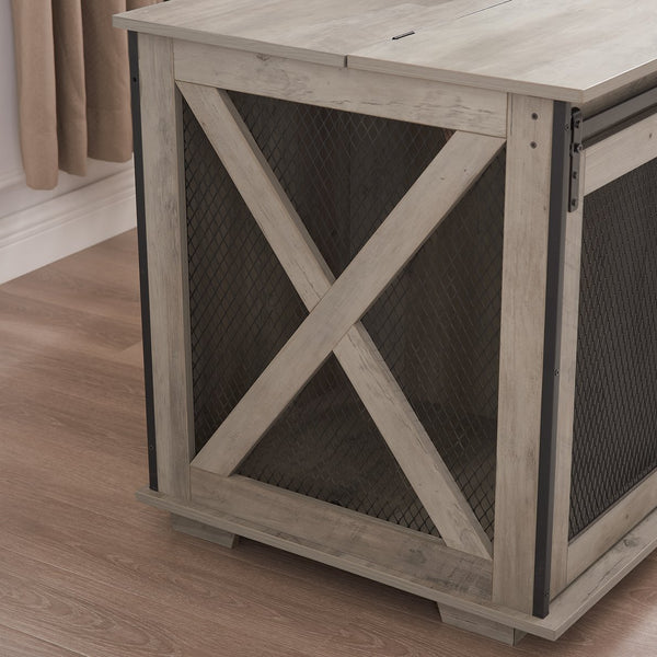 English Elm Farmhouse Dog Cage Crate Furniture with Sliding Barn Door, Secure Metal Latch, Flip-Up Top Access and Removable Divider for Small to Large Dogs (40.94x30.51x6.69) Gray Wash W2275P164727