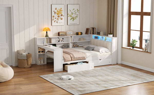 English Elm Wood Full Size Gaming Loft Bed with Integrated Desk, Shelves, LED Lighting & Hanging Clothes Rack Beige+White N7090001047K