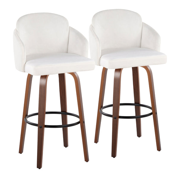 English Elm Fixed-height Mid-century Barstools with Walnut Legs and Grey Upholstered Seats Set Cream B202S01905