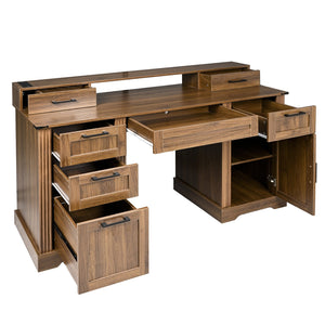 English Elm 59" Fluted Oak L-shaped Corner Desk with Charging Station Monitor Stand and File Storage Dark Walnut W2917S00007