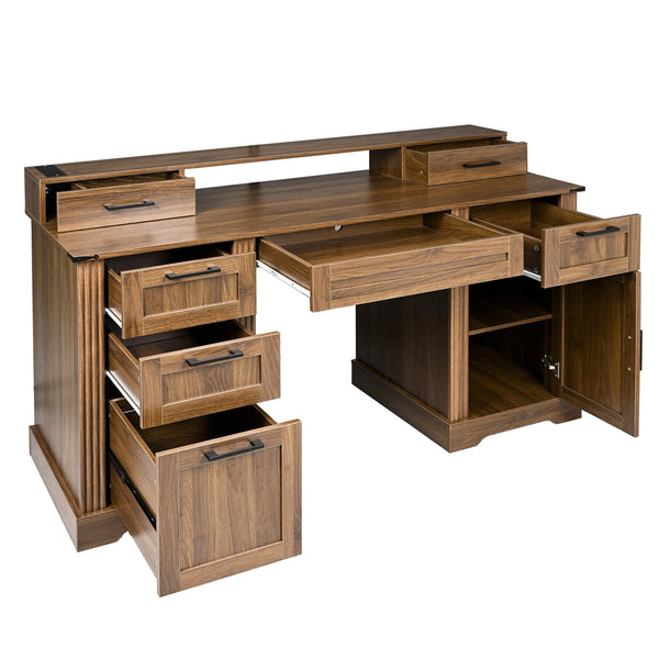 English Elm 59" Fluted Oak L-shaped Corner Desk with Charging Station Monitor Stand and File Storage Dark Walnut W2917S00007