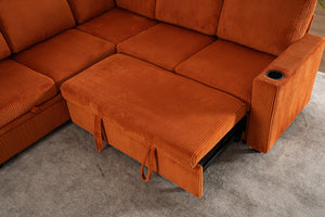 English Elm Sectional Corduroy Sleeper Sofa with Storage and Charging Ports for Small Spaces Orange W1361S00076