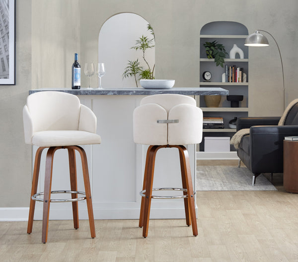 English Elm Fixed-height Swivel Barstools Velvet Seat Walnut Legs Chrome Footrest Set 2 B202S01899
