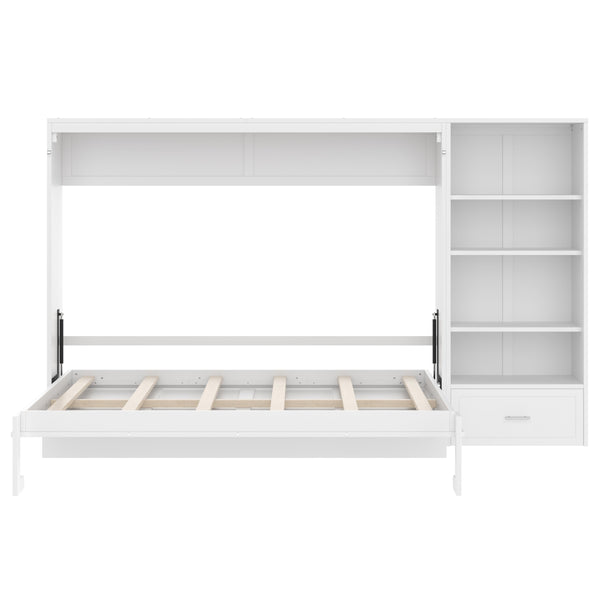 English Elm Queen Murphy Bed with Built-In Shelves, Height-Adjustable Storage & Drawer for Small Spaces White 71.6 L x 21.5 W x 6.1 H N733S309223K
