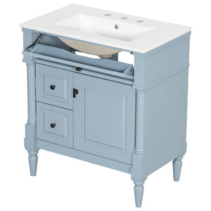 English Elm 30" Freestanding Bathroom Vanity Rubberwood Frame Ceramic Sink Flip Drawer Storage Blue+Grey N725P356062E