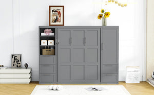 English Elm Queen Murphy Wall Bed with Wardrobe Drawers and Shelves for Studio or Guest Room Gray LP000865AAE-1