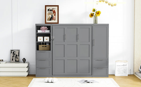 English Elm Queen Murphy Wall Bed with Wardrobe Drawers and Shelves for Studio or Guest Room Gray LP000865AAE-1