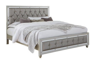 English Elm CHLOE Gemstone Silver Full Bed Frame with Mirror Trim, Detailed Stitching, Solid Wood Support Silver+Grey 66.5 L x 36.75 W x 5.5 H B201S00056